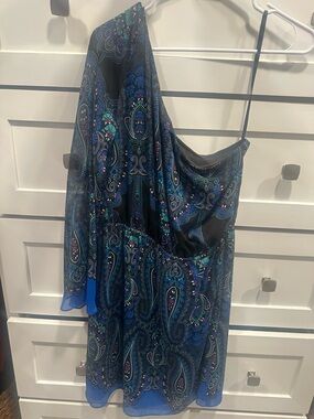 Gianni Bini Black Blue one shoulder Dress  with Silver Logo Tape. Medium